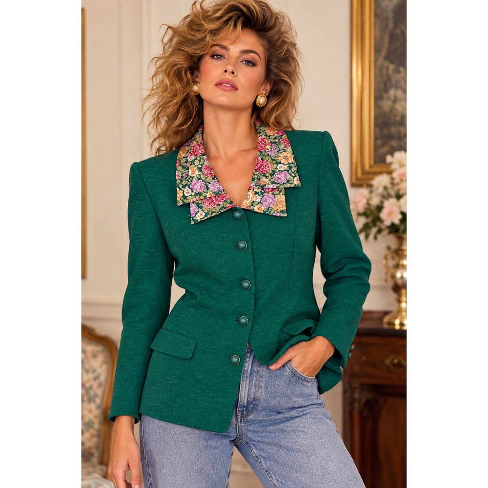 Vintage 80s Pablo Collection Emerald Green Floral Collar Blazer Jacket Made USA